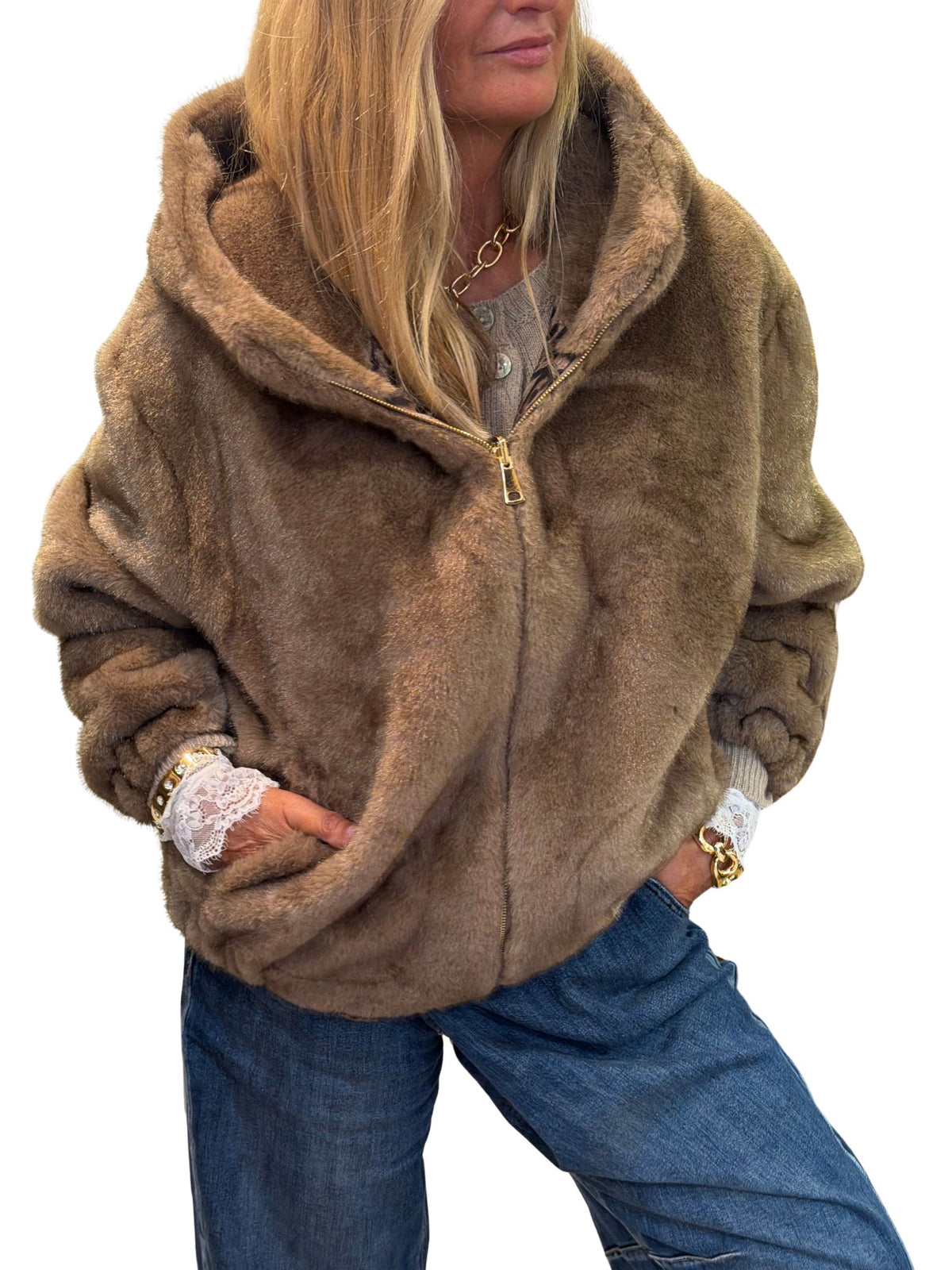 Chaqueta Reversible Efecto Visón & Leopardo Taupe
