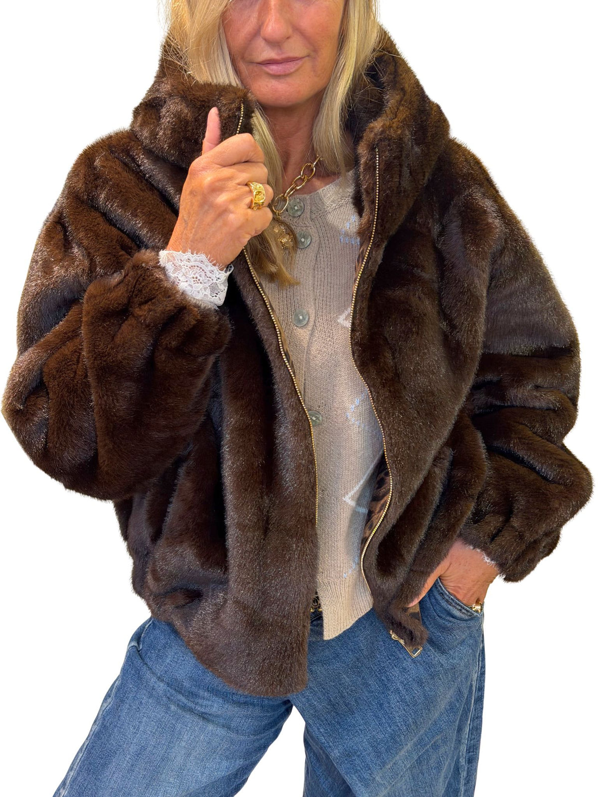 Chaqueta Reversible Efecto Visón & Leopardo Marrón
