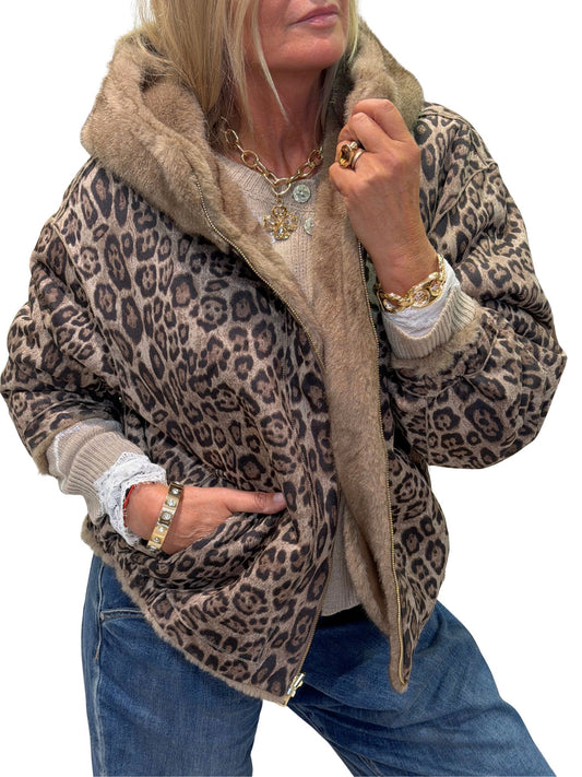 Chaqueta Reversible Efecto Visón & Leopardo Taupe