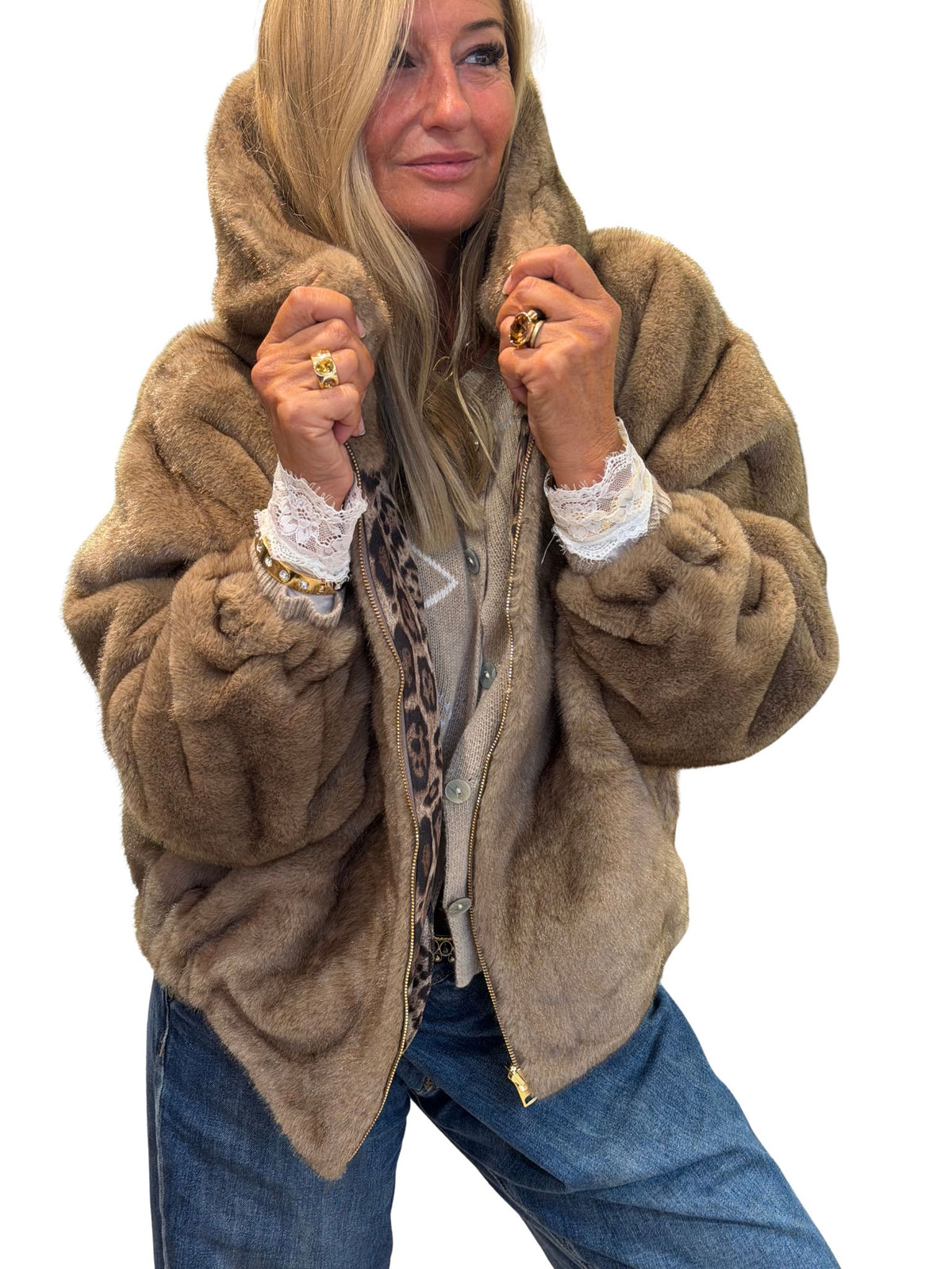 Chaqueta Reversible Efecto Visón & Leopardo Taupe
