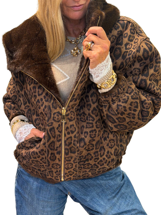Chaqueta Reversible Efecto Visón & Leopardo Marrón